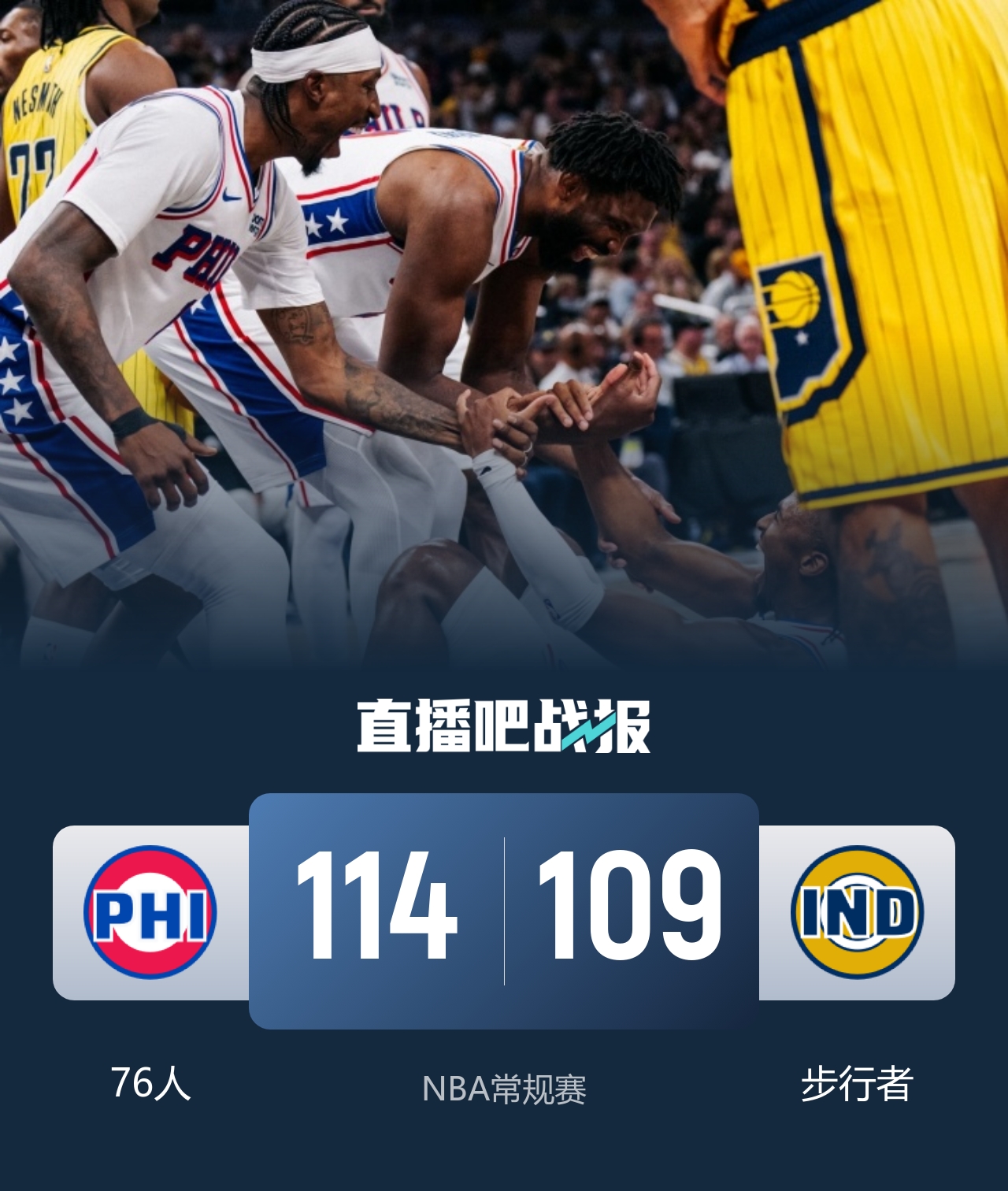 🏀76人4人20+险胜步行者 詹姆斯13+5+10助0失误 西蒙斯6记三分